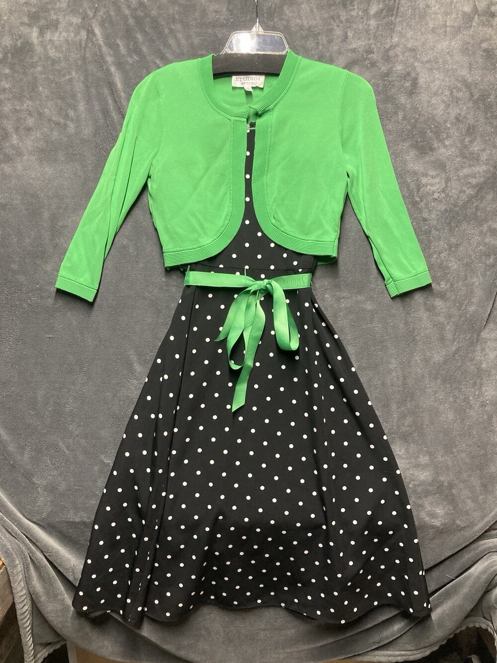 Studio 1 Black Polka Dot Midi Dress Green Cropped Cardigan 2 Pc Set Pin Up 6P